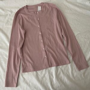 GAP Long Sleeve Ribbed Button-Front Top - Mauve Pink size medium